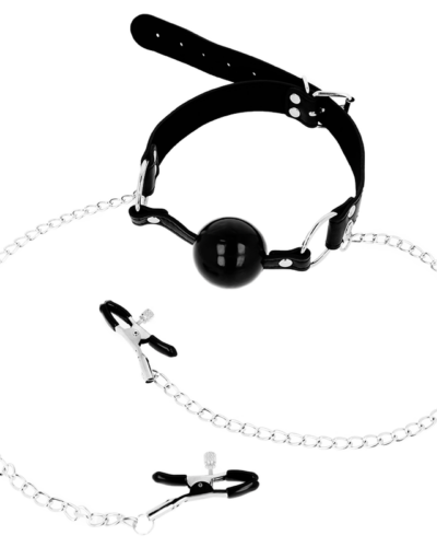 Ohmama Fetish Black Ball Gag With Nipple Clamps