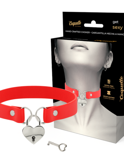 Coquette Chic Desire - Red Vegan Leather Necklace With Heart Accessory With Key