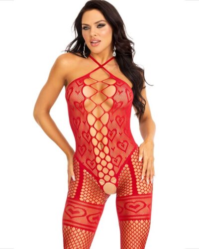 Leg Avenue - Bodystocking Neck Halter Red Hearts Red