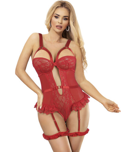 Subblime - Teddy With Garter With Lace Detail And Strips Red S/M