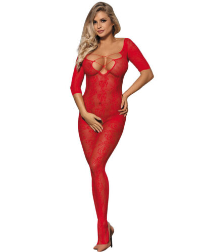 Subblime - 951825 Fishnet Crotchless Bodystocking with Red Roses Pattern XS/M