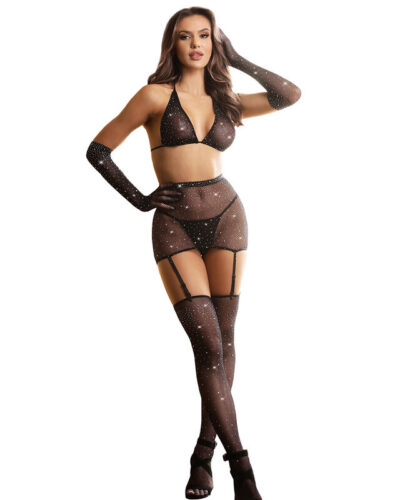 Subblime - 952174 Fishnet Bodystocking With Gloves And Diamonds Black One Size