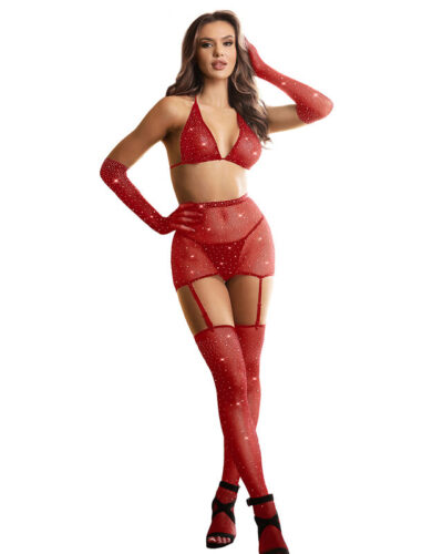 Subblime - 952181 Fishnet Bodystocking With Gloves And Diamonds Red One Size