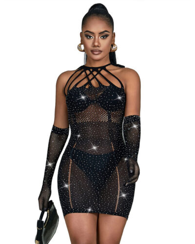 Subblime - 952235 Fishnet Dress with Rhinestones Black One Size