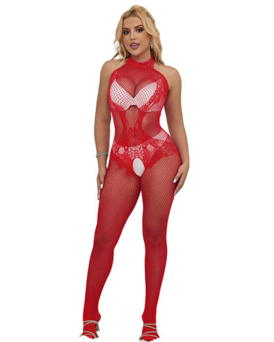 Subblime - 952372 Fishnet and Lace Crotchless Bodystocking with High Neck Red One Size