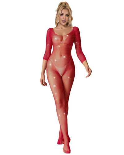 Subblime - 952419 Fishnet Bodystocking With Diamonds Long Sleeve Red XS/M