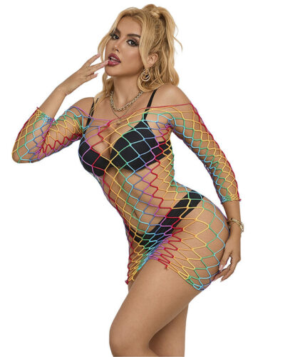 Subblime - 952426 Rainbow Long Sleeve Fishnet Dress One Size