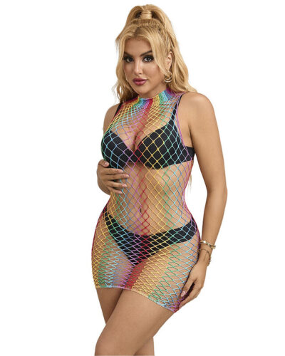 Subblime - 952433 Rainbow High Neck Sleeveless Fishnet Dress One Size