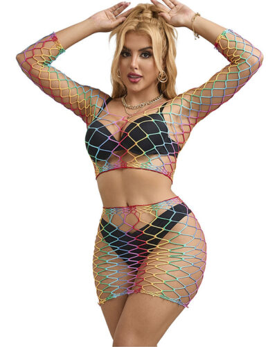 Subblime - 952440 2-Piece Fishnet Set Long Sleeve Rainbow One Size