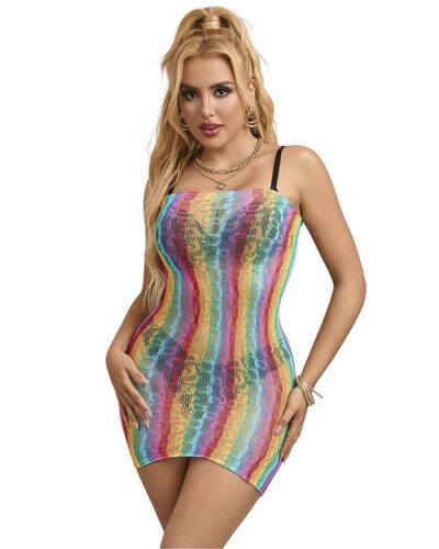 Subblime - 952457 Rainbow Off Shoulder Sleeveless Fishnet Dress One Size