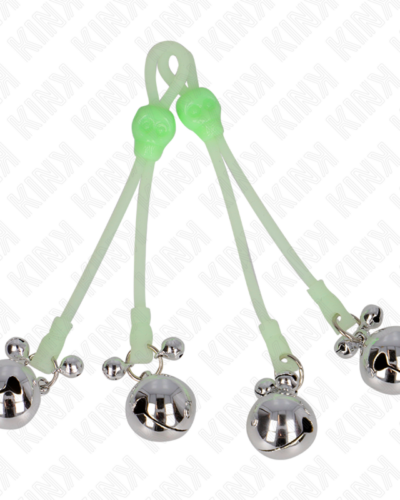Kink - Luminous Skull Nipple Clamps With Ring Bells Adjustable Green / Silver