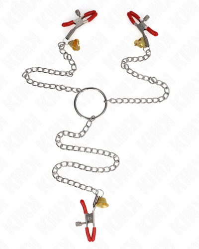 Kink - Bell Triple Nipple And Clit Clamps Red With Chain 30 cm