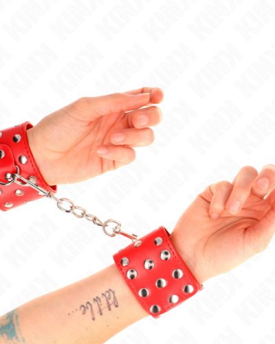 Kink - Wrist Restraints With Snap Fasten Full Of Rivets Red Adjustable 19-24 cm X 5.5 cm