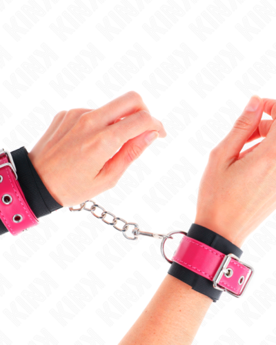 Kink - Nylon Wrist Restraints Black With Leatherette Belt Raspberry Rose Adjustable 19-29 cm X 5.1 cm