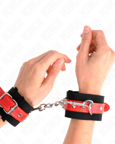 Kink - Nylon Wrist Restraints Black With Leatherette Red Adjustable 19-24 cm X 5.5 cm