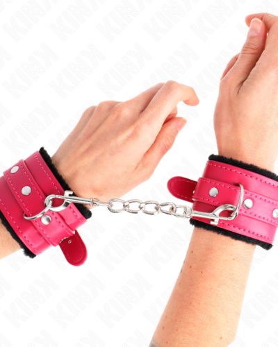 Kink - Premium Fur Lined Wrist Restraints Black With Raspberry Rose Belt Adjustable 17-29 cm X 6 cm