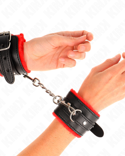 Kink - Premium Fur Lined Wrist Restraints Red With Black Belt Adjustable 17-29 cm X 6 cm