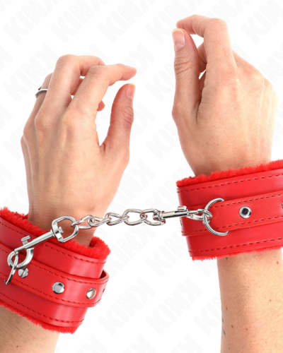 Kink - Premium Fur Lined Wrist Restraints Red With Red Belt Adjustable 17-29 cm X 6 cm