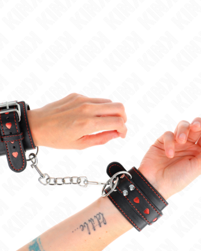 Kink - Black Wrist Restraints With Red Heart Inlay Adjustable 21-28 cm X 5.5 cm