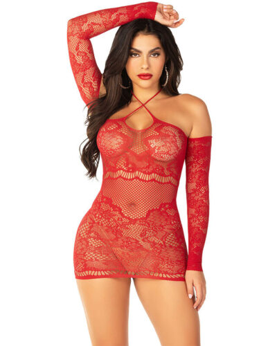 Leg Avenue - Off-Shoulder Long-Sleeved Mesh Mini Dress Red