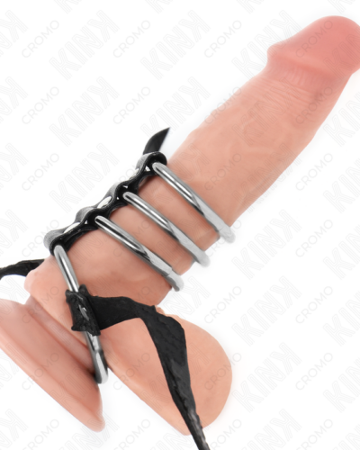 Kink - 4 Connected Metal Penis Rings 3.8 cm To 5 cm With Leather Belt 112 cm