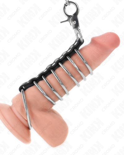 Kink - 7 Metal Penis Rings 3.8 cm To 5 cm Connected With Leather And Metal Chain 100 cm