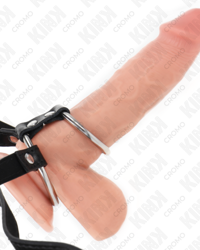Kink - Double Metal Penis Ring 3.8 cm To 5 cm With Leather Belt 112 cm