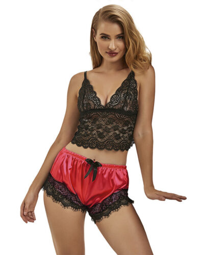 Subblime - 953959 Casual Silk Nightgown + Lace Pants Black/Red S/M