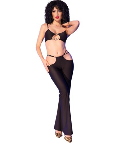 Chilirose - Cr 4851 Black Top And Leggings Set With Golden Accessories S