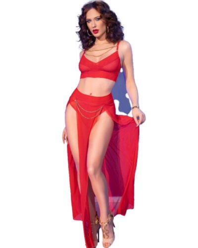 Chilirose - Cr 4850 Red Top And Leggings Set With Golden Accessories S