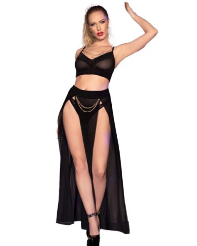 Chilirose - Cr 4672 Black Top Skirt And Thong With Golden Chains S