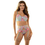 Subblime - 957643 Flower Embroidered Bra And Garter Belt Set Pink S/M