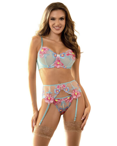 Subblime - 957643 Flower Embroidered Bra And Garter Belt Set Pink S/M