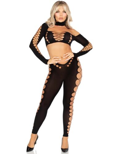 Leg Avenue - Crop Top And Leggings Cut-Out Seamless Black