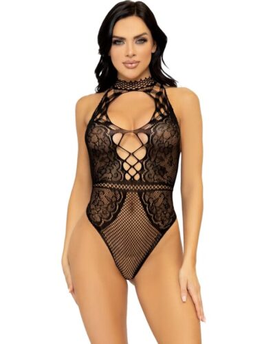 Leg Avenue - Net and Lace Keyhole Halter Bodysuit One Size