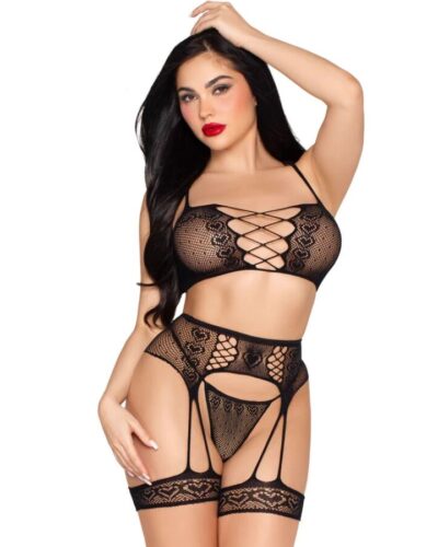 Leg Avenue - 89359 Top + Thong + Garter Belt Set Black - One Size