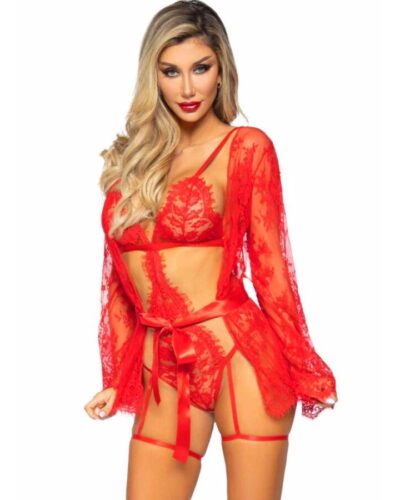 Leg Avenue - 86123 Teddy + Garter Robe Set Red Size S