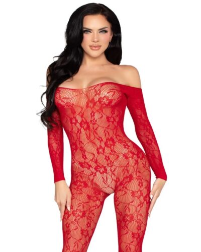 Leg Avenue - 89366 Lace Lingerie Bodystocking Red - One Size