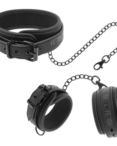 Fetish Submissive - Vegan Leather Necklace And Handcuffs With Noprene Lining